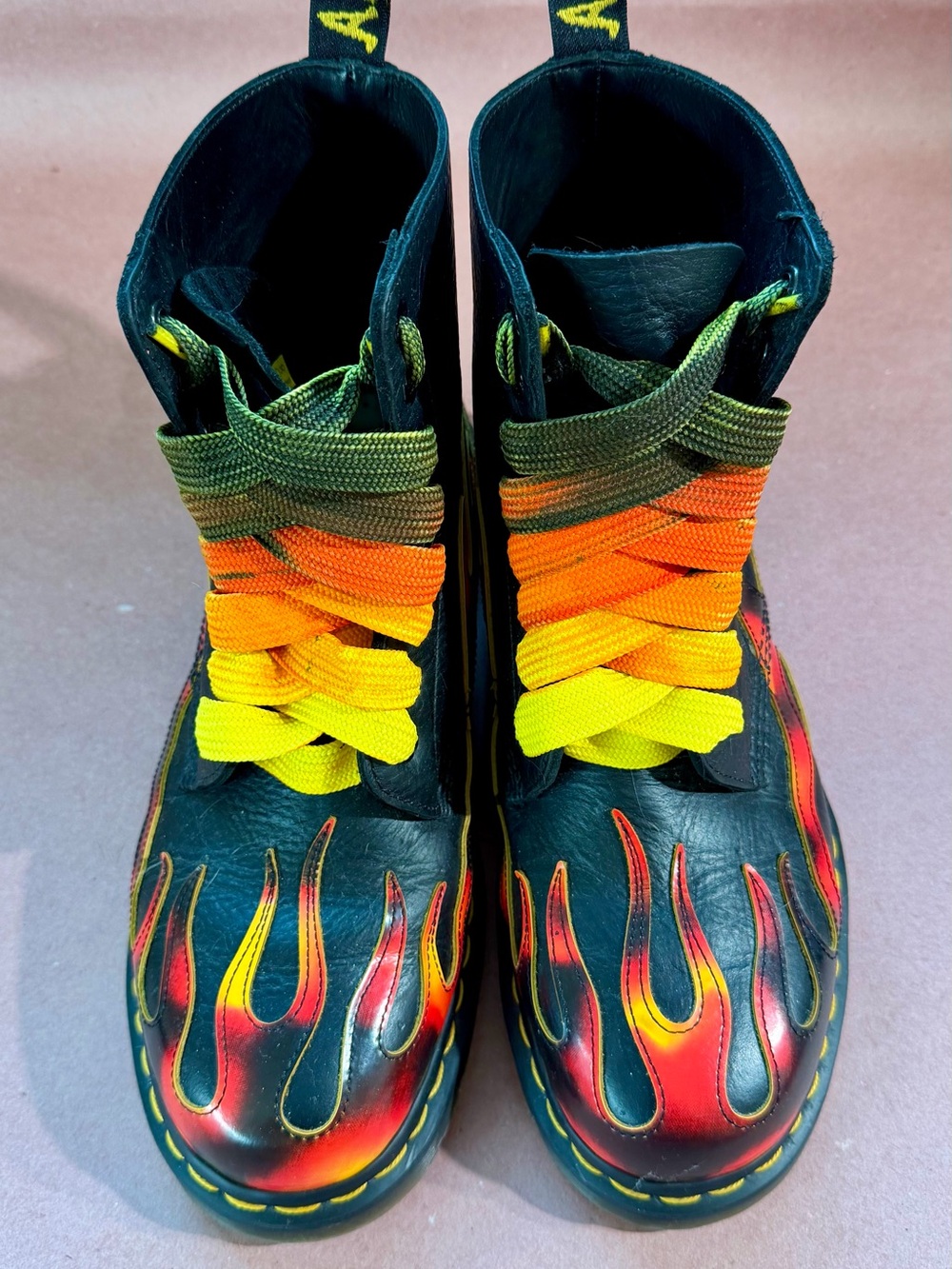 Dr. Martens 1460 FLAME Black Boots with Flame Design and Custom Dyed Laces